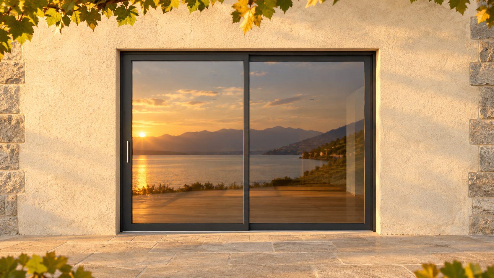 Baie vitrée coulissante anthracite fermée, qui reflète le coucher de soleil sur le Léman