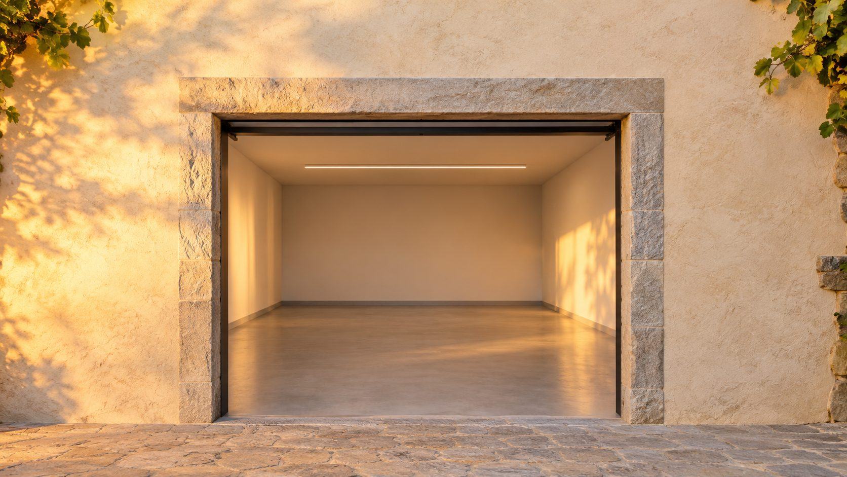 Garage moderne ouvert, baigné par la lumière du soir
