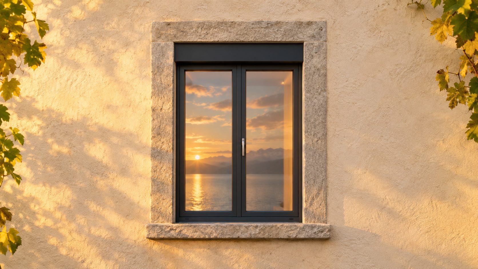Fenêtre neuve anthracite qui reflète le coucher de soleil sur le lac