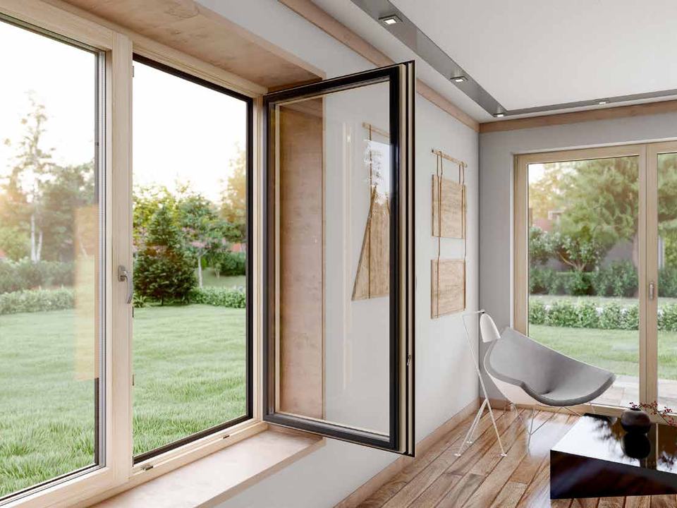 Fenêtre bois-aluminium ouverte sur un jardin