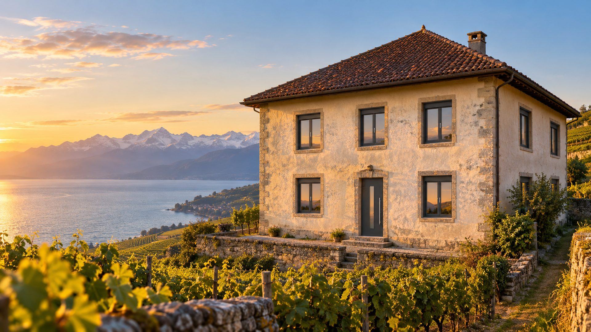 La même maison avec des fenêtres neuves anthracite qui reflètent le coucher de soleil