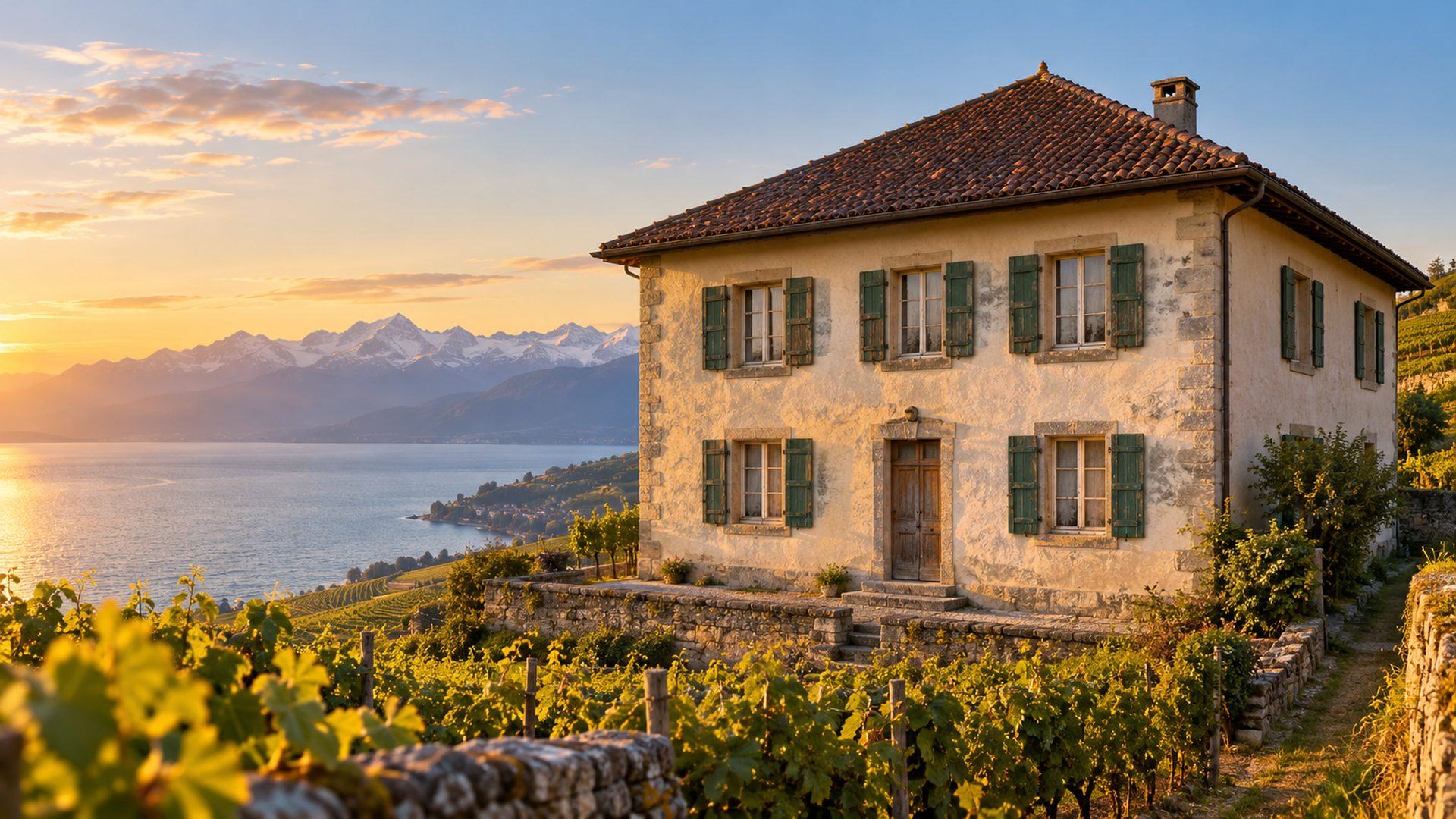 Maison vigneronne au-dessus du Léman avec d'anciennes fenêtres en bois et des volets verts délavés